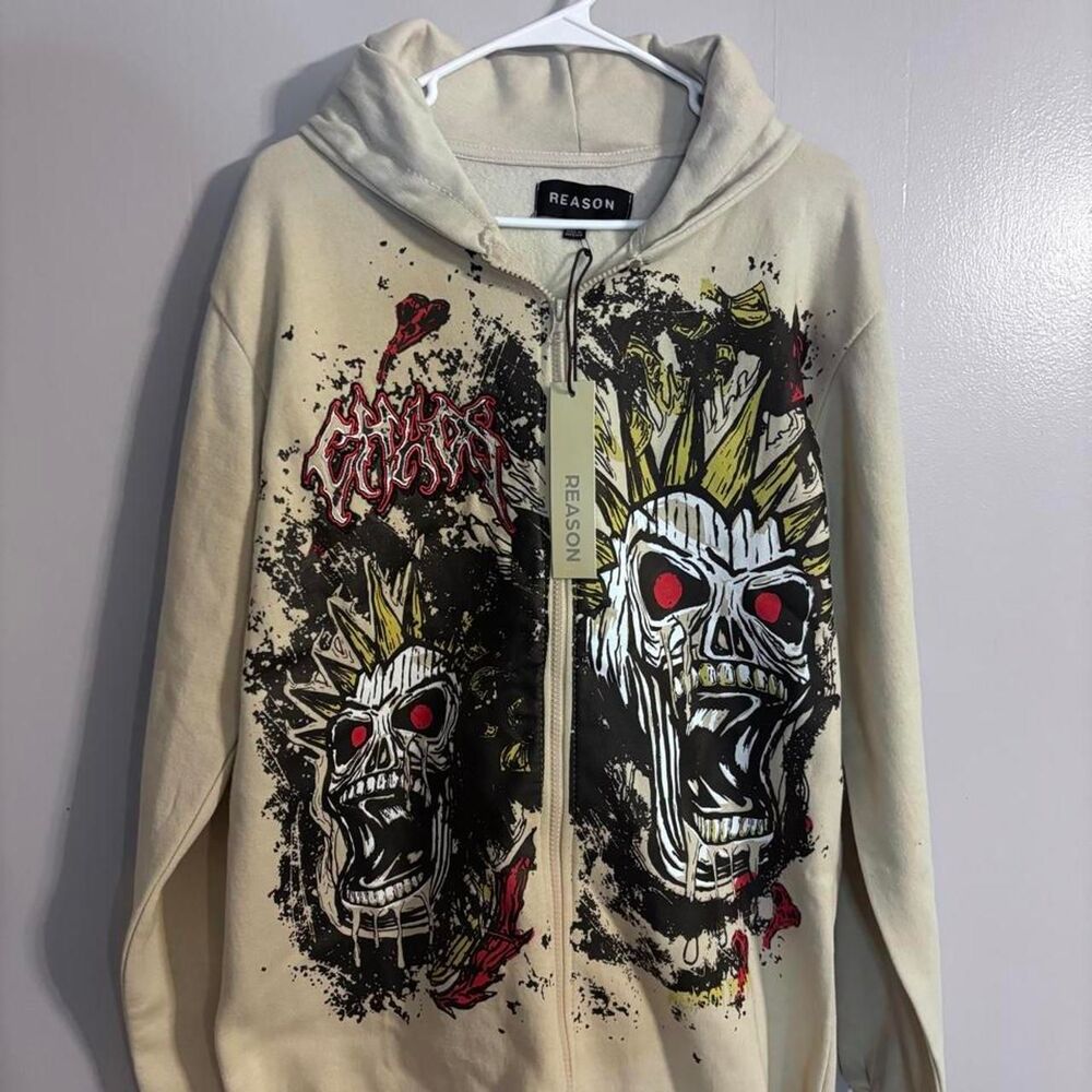 REASON NWT Punk Skull Graphic Zip-Up Hoodie Medium Y2K Grunge Streetwear